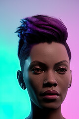 3D Rendered portrait black female cyberpunk hacker tattoos colorful short hair wearing a crop top  - AI Generated