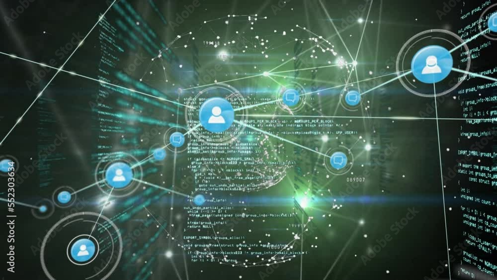 Poster animation of network of connections with icons over data processing on black background