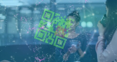 Animation of qr code over diverse business people having meeting at office - Powered by Adobe