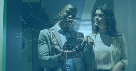 Animation of scope scanning over diverse business people having meeting at office - Powered by Adobe