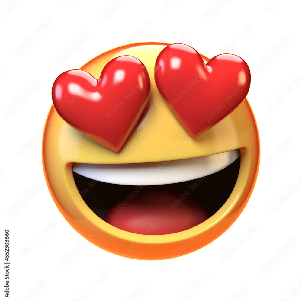 Poster falling in love emoji isolated on white background, heart shaped eyes emoticon tongue 3d rendering