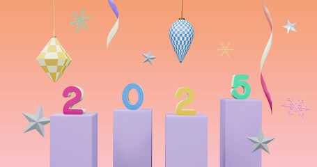 Image of 2025 number over new year and christmas decorations on pink background