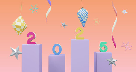 Image of 2025 number over new year and christmas decorations on pink background