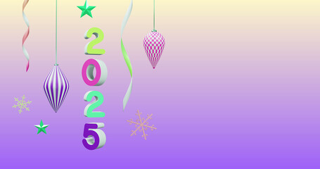 Image of 2025 number over new year and christmas decorations on purple background