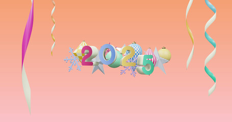 Naklejka premium Image of 2025 number over new year and christmas decorations on pink background