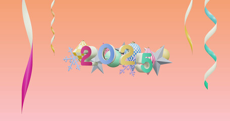 Image of 2025 number over new year and christmas decorations on pink background