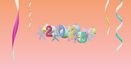 Image of 2025 number over new year and christmas decorations on pink background