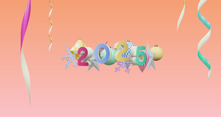 Image of 2025 number over new year and christmas decorations on pink background