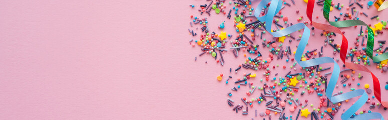 Top view of different colorful sprinkles and serpentine on pink background, banner.