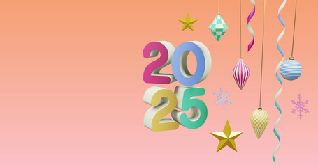 Image of 2025 number over new year and christmas decorations on pink background