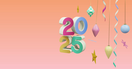 Image of 2025 number over new year and christmas decorations on pink background