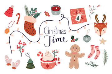 Christmas time elements collection with  winter seasonal design, vector illustration isolated on white background