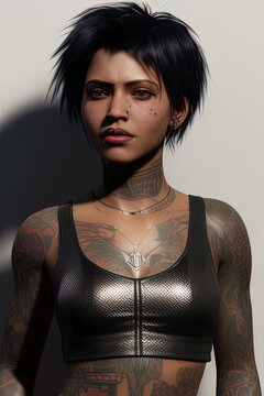 3D Rendered portrait black female cyberpunk hacker tattoos colorful short hair wearing a crop top  - AI Generated
