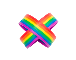 Two colorful rainbow wristbands in multiplication sign, lgbtq+ people symbol isolated on white background with clipping path. Concept of lgbtq+ wristband wearing to support and attend celebration