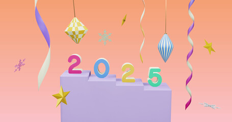 Image of 2025 number over new year and christmas decorations on pink background