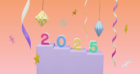 Image of 2025 number over new year and christmas decorations on pink background