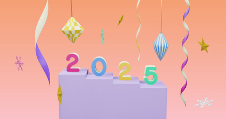 Image of 2025 number over new year and christmas decorations on pink background
