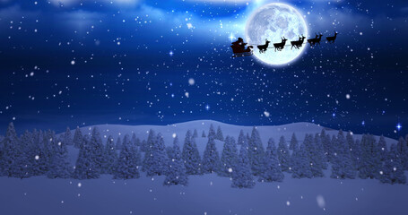 Image of sky with clouds over winter landscape and santa claus in sleigh with reindeer