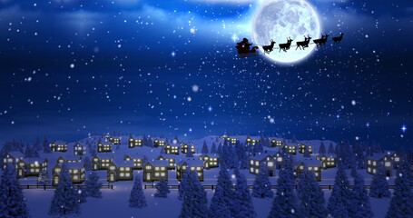 Image of sky with clouds over winter landscape and santa claus in sleigh with reindeer