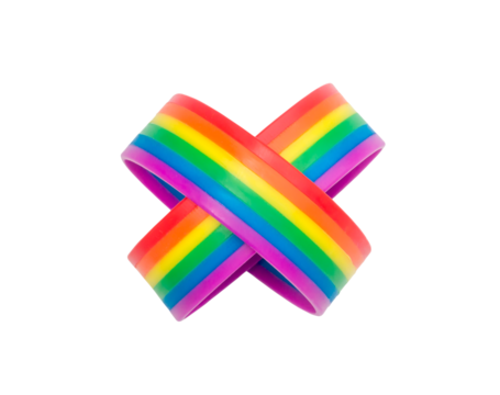 Two colorful rainbow wristbands in multiplication sign, lgbtq+ people symbol isolated on white background with clipping path. Concept of lgbtq+ wristband wearing to support and attend celebration 