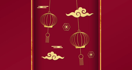 Fototapeta premium Composition of yellow stripes and lanterns with flowers and clouds on red background