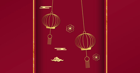 Fototapeta premium Composition of yellow stripes and lanterns with flowers and clouds on red background
