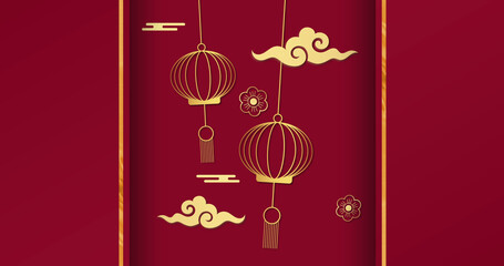 Naklejka premium Composition of yellow stripes and lanterns with flowers and clouds on red background
