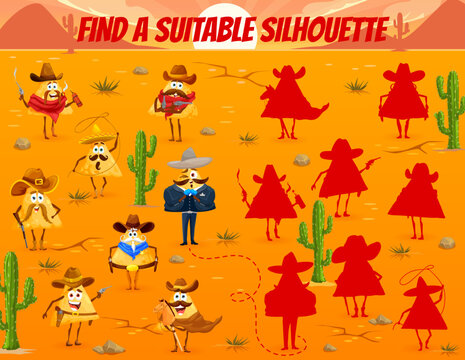 Find a suitable silhouette of Mexican nachos cowboy, bandit and sheriff characters. Cartoon vector kids shadow match game worksheet with funny tex mex food horseman or ranger personages in desert