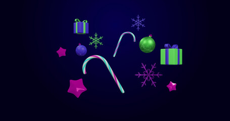 Image of christmas presents and decorations on black background