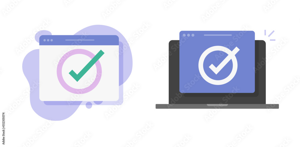 Poster verified valid completed check mark icon vector online, vote quiz test exam checkmark concept on lap