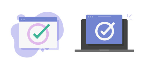 Verified valid completed check mark icon vector online, vote quiz test exam checkmark concept on laptop computer pc screen, internet web digital online enroll poll graphic, survey task list idea image