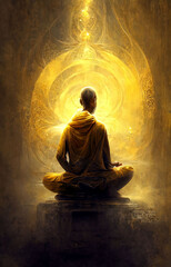Monk sitting and meditating with the ethereal golden love of the divine.  Generative AI, this image is not based on any original image, character or person.