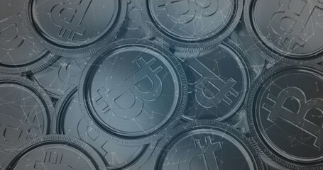 Digital security chain against pile of silver bitcoins