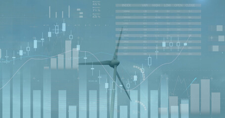 Image of wind turbines moving in countryside and stock exchange graph increasing and decreasing
