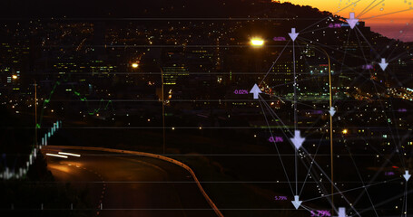 Financial curves over city by night.