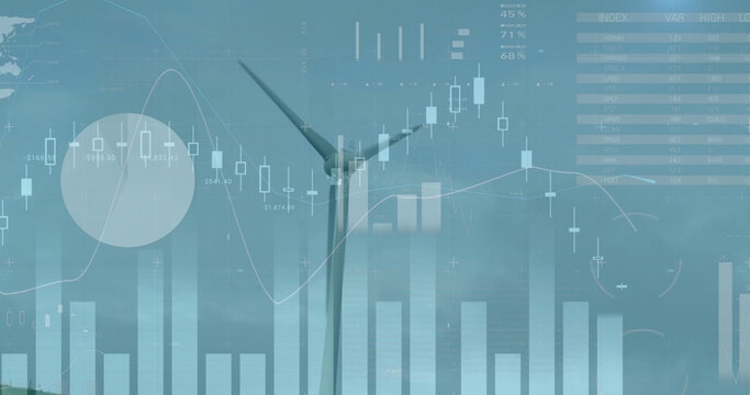 Image of wind turbines moving in countryside and stock exchange graph increasing and decreasing