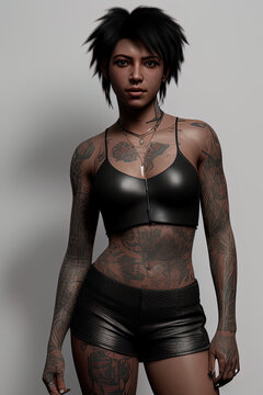 3D Rendered portrait black female cyberpunk hacker tattoos colorful short hair wearing a crop top  - AI Generated