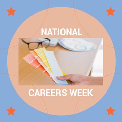 Composition of national careers week text over woman holding colour swatches