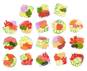 Sliced and Cut Vegetables, Wurst, Cheese and Fish Served on Plate Above View Big Vector Set