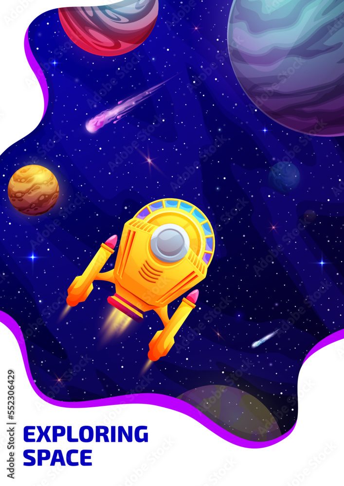 Poster starship in starry galaxy. space explore poster. vector futuristic cosmic design with rocket engine 