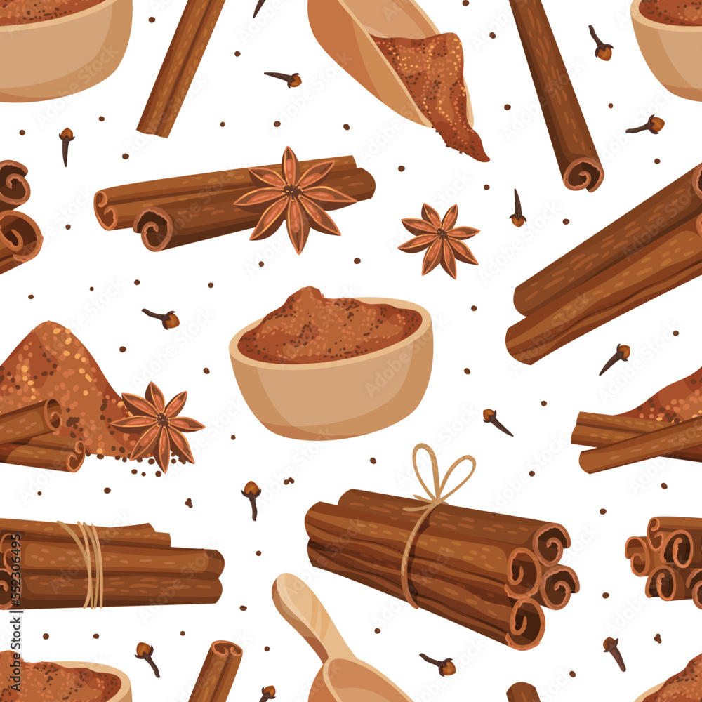 Wall mural cinnamon seamless pattern design with aromatic spice sticks and powder vector template