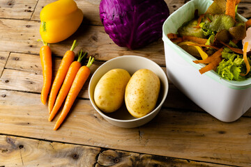 Raw vegetables and vegetable waste in kitchen composting bin