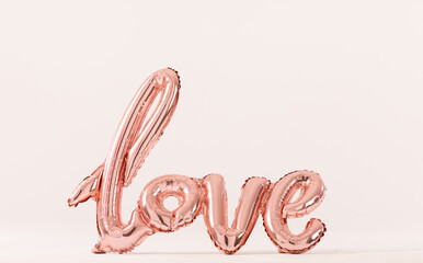 Metallic pale pink love text balloon on white background with copy space