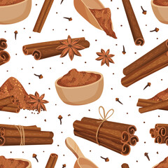Cinnamon Seamless Pattern Design with Aromatic Spice Sticks and Powder Vector Template