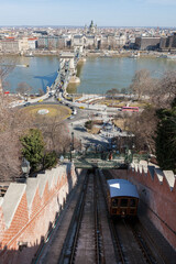 The Buda Castle Funicular and beyond, Clark &Aacute;d&aacute;m t&eacute;r, the Sz&eacute;chenyi Chain Bridge over the Danube, and Pest on the opposite bank: Budapest, Hungary