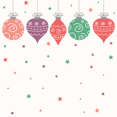 Hanging hand drawn decorations. Christmas background with copyspace. Vector illustration