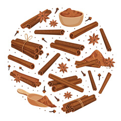 Cinnamon Round Composition Design with Aromatic Spice Sticks and Powder Vector Template