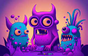 Fototapeta premium Weird cartoon monster characters. Neon, colorful illustration.
