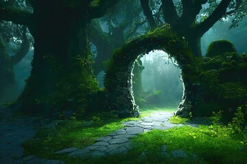 Fototapeta premium Magical portal with arch made with tree branches in shady green forest. Open door to alternative dimension fantasy scene. 3d artwork. AI