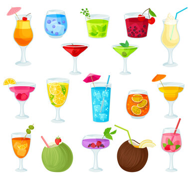 Cocktails in Glass with Straw as Cool Refreshing Summer Drinks Big Vector Set